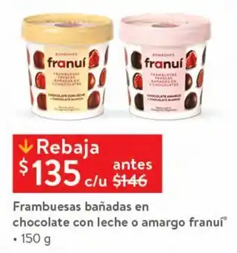 Walmart Frambuesas bañadas en chocolate con leche o amargo franui 150g oferta