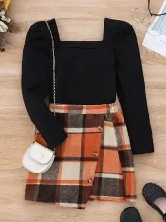 SHEIN Niñas camiseta de cuello cuadrado de manga farol & falda con estampado de cuadros bajo asimétrico oferta