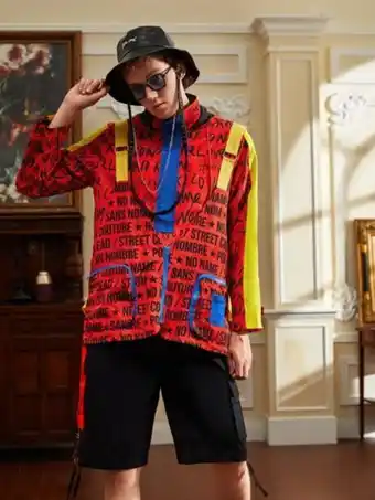 Shein x no name hombres chamarra utility con estampado de letra de color combinado con tira con diseño con bolsillo con crema