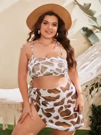 SHEIN 3 piezas con estampado de vaca bañador bikini & falda de playa oferta