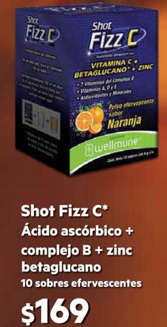Shot Fizz C Ácido Ascóbico + Complejo B + Zinc 10 Sobres Betaglucano