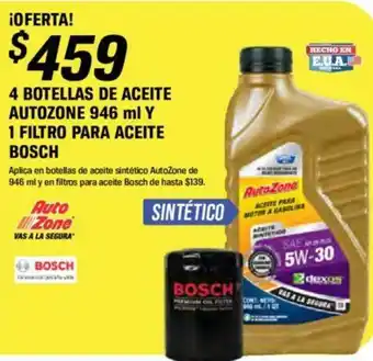 AutoZone 4 Botellas De Aceite Autozone 946 ML y 1 Filtro Para Aceite Bosch oferta
