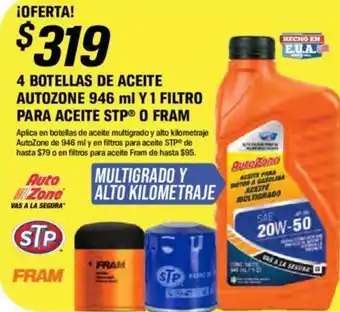 AutoZone 4 Botellas De Aceite Autozone 946 ml Y 1 Filtro Para Aceite STP 0 Fram oferta