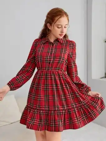 SHEIN Shein chicas adolescentes vestido con estampado de tartán de manga farol bajo con fruncido oferta