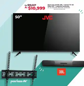 Barra de sonido jbl + smart tv 4k roku 50" + soporte inclinado