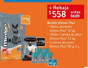 Walmart Bundle minino plus 1 bulto 10kg + 1 bulto carnita atún 1,3kg + 5 sobres 85g oferta