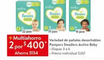 Walmart Pañales desechables pampers swadlers active baby et 3 a 6 x 2 oferta