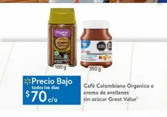 Walmart Café colombiano orgánico o crema de avellanas sin azúcar great value oferta