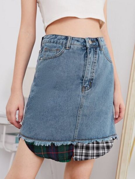 SHEIN Niñas falda en mezclilla de cuadros en contraste ribete crudo oferta