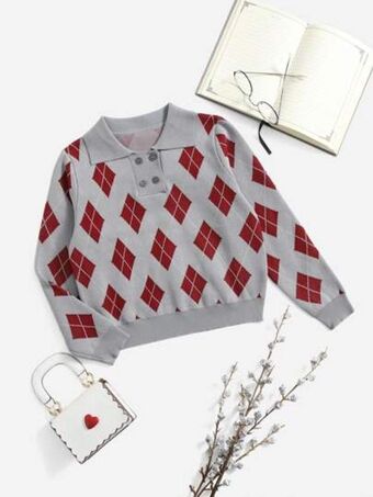 SHEIN Shein niñas jersey de cuello polo con patrón de rombo oferta