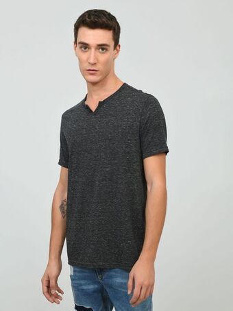 Cuidado con el Perro Playera negro jaspe cuello v oferta