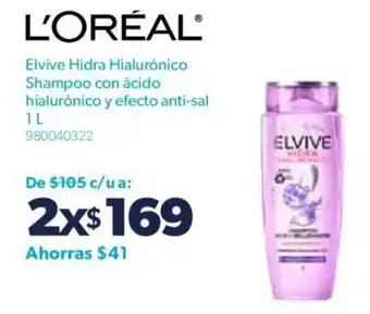 Sam's Club L'Oréal Elvive Hidra o con Ácido Hialurónico y Efecto Anti-Sal Shampoo 2 x 1L oferta