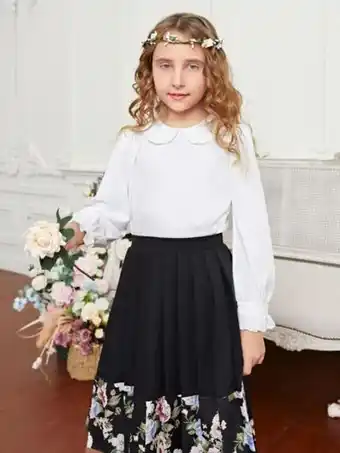 SHEIN Shein niñas top cuello bobo de manga con volante & falda fruncido floral panel oferta
