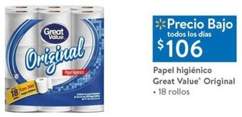 Walmart Papel Higiénico Great Value Original 18 Rollos oferta