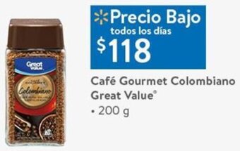 Walmart Café Gourmet Colombiano Great Value 200g oferta