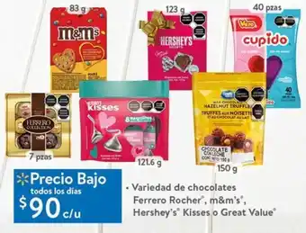 Walmart Variedad de Chocolates Ferrero Rocher m&m's Hershey's Kisses o Great Value oferta