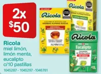 Farmacias Benavides Ricola Miel Limón, Limón Menta, Eucalipto c/10 Pastillas oferta