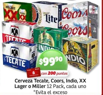 Cerveza Tecate, Coors, Indio, XX Lager o Miller 12 Pack