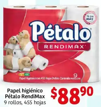 Soriana Mercado Papel Higiénico Pétalo RendiMax 9 Rollos, 455 Hojas oferta
