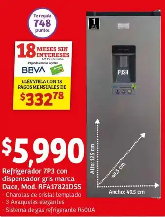 Soriana Mercado Refrigerador 7P3 con Dispensador Gris Marca Dace RFA17821DSS oferta
