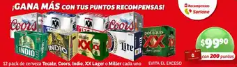 Cerveza Tecate, Coors, Indio, XX Lager o Miller 12 pack