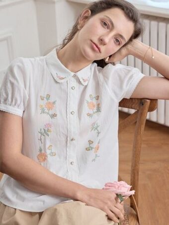 SHEIN Simple retro camisa con bordado floral con botón delantero oferta