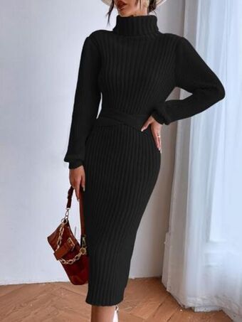 SHEIN Vestido de punto de cuello tortuga bajo con abertura con cinturón oferta