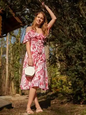 Shein vestido con cinturón con estampado floral de hombros descubiertos ribete con fruncido