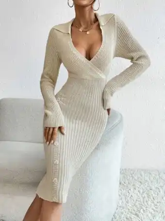 SHEIN Vestido de punto de cuello cruzado con diseño de botón sin cinturón oferta
