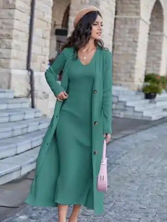 SHEIN Vestido de punto unicolor sin manga & cárdigan con botón delantero oferta