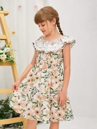 SHEIN Shein niñas vestido de malla con bordado ribete en abanico con estampado floral bajo con volante oferta