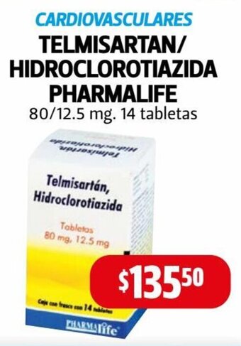 Farmacias Guadalajara Cardiovasculares Telmisartán, Hidroclorotiazida Pharmalife 80/12.5mg - 14 tabletas oferta