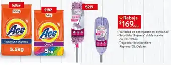 Variedad de Detergente en Polvo Ace, Sacudidor Reynera Doble Acción de Microfibra, Trapeador de Microfibra Reynera XL Deluxe