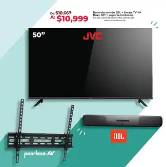 Barra de Sonido JBL + Smart TV 4K Roku 50" JVC + Soporte Inclinado