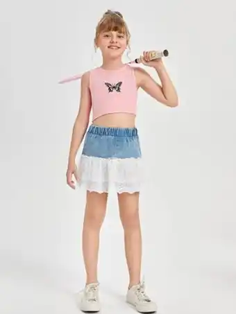 SHEIN Shein niñas falda en mezclilla en contraste de malla con bordado oferta