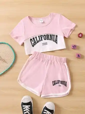 SHEIN Niñitas camiseta crop con estampado de letra 2 en 1 & shorts deportivos oferta