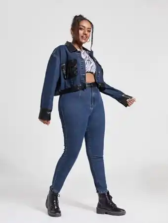 SHEIN En contraste cuero pu cazadora mezclilla & jeans oferta
