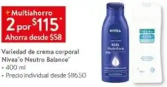 Walmart Variedad de Crema Corporal Nivea o Neutro Balance 400ml oferta