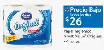 Walmart Papel Higiénico Great Value Original 4 Rollos oferta