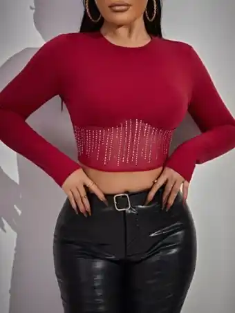SHEIN Shein sxy camiseta crop con diseño de diamante de imitación de malla en contraste oferta