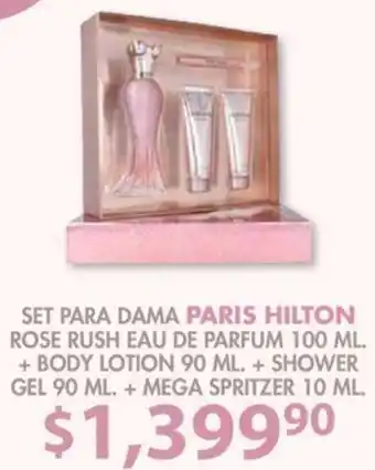 Soriana Mercado Set para Dama Paris Hilton Rose Rush EAU de Parfum 100ml + Body Lotion 90ml + Shower Gel 90ml + Mega Spritzer 10ml oferta