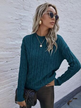SHEIN Jersey de hombros caídos tejido de cable oferta