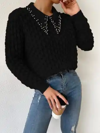 SHEIN Jersey de punto de malla con diamante de imitación con perla artificial oferta