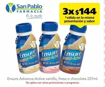 Farmacia San Pablo Ensure advance-active vainilla, fresa o chocolate 237ml. oferta