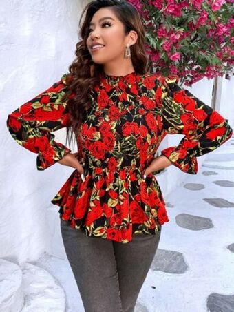 SHEIN Blusa peplum con estampado floral de manga con volante oferta