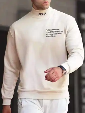 Hombres pullover con estampado de slogan de cuello alto