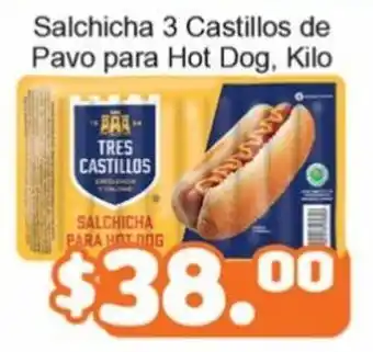 Salchicha Tres Castillos de Pavo para Hot Dog, kilo