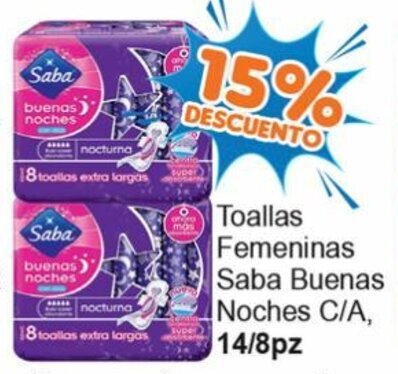 Toallas Femeninas Saba Buenas Noches, C/A 14/8pz oferta en Merza Toallas Femeninas Saba Buenas Noches, C/A 14/8pz oferta en Merza