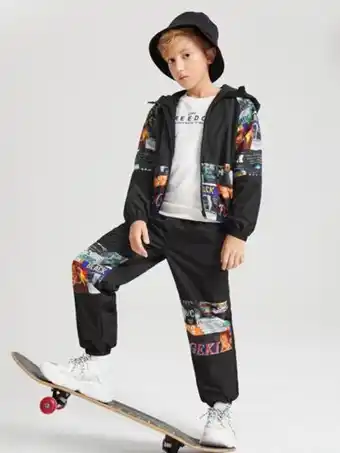 Shein niñas con estampado de slogan con cremallera con capucha cazadora & pantalones conjunto