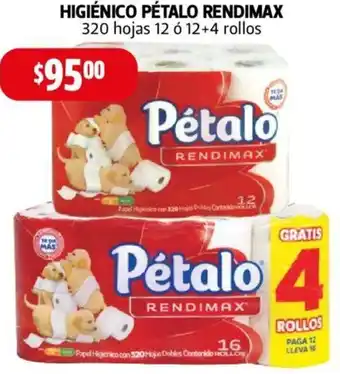 Farmacias Guadalajara Higiénico Pétalo Rendimax 320 Hojas 12 ó 12 + 4 Rollos oferta